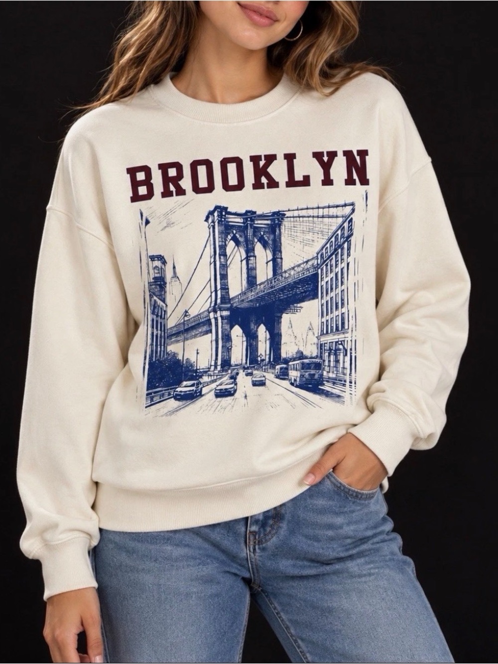 Brooklyn Bridge New York Sweatshirt Womens XS Cream Beige Blue Rebellious One